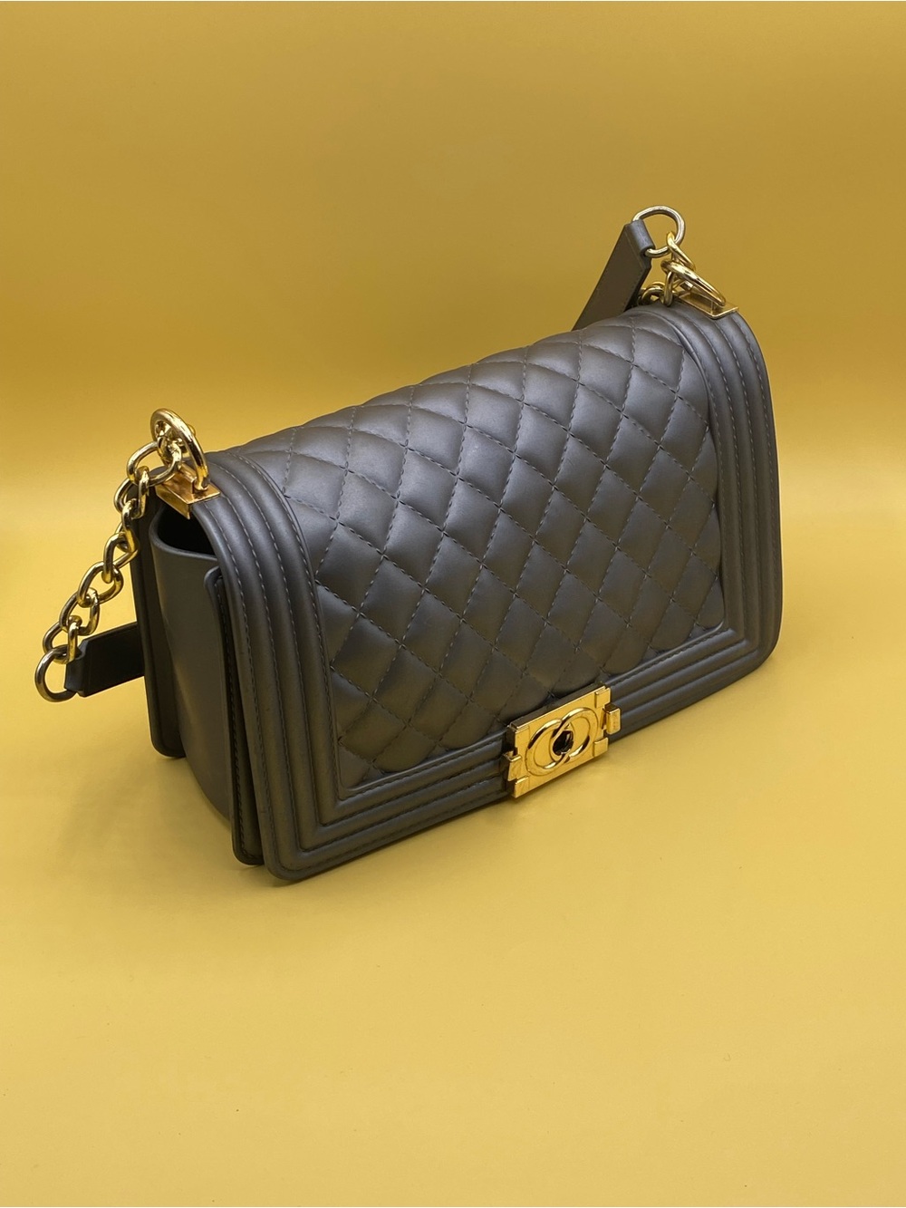 Quilted Rubber Chain Shoulder Bag in Dark Gray with Gold Hardware - Picture 2 of 4